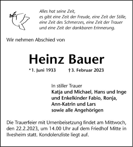 Traueranzeige von Heinz Bauer von Mannheimer Morgen