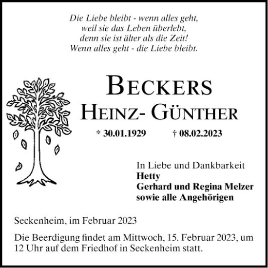 Traueranzeige von Heinz-Günther Beckers von Mannheimer Morgen