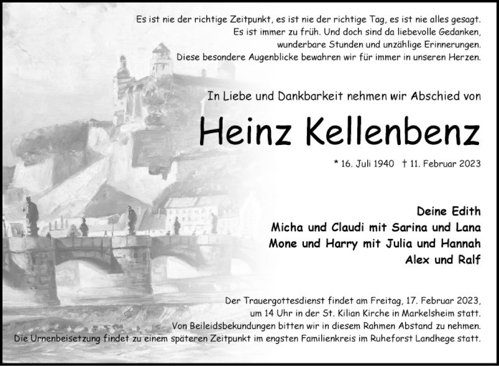  Traueranzeige für Heinz Kellenbenz vom 15.02.2023 aus Fränkische Nachrichten