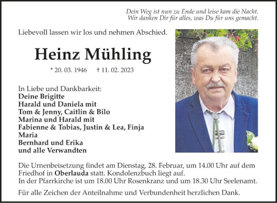 Traueranzeige von Heinz Mühling von Fränkische Nachrichten