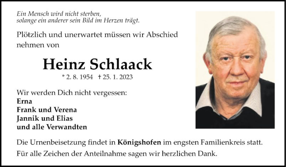  Traueranzeige für Heinz Schlaack vom 08.02.2023 aus Fränkische Nachrichten