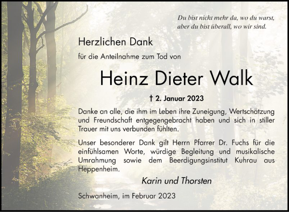  Traueranzeige für Heinz Dieter Walk vom 04.02.2023 aus Bergsträßer Anzeiger