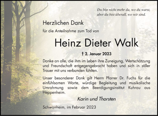 Traueranzeige von Heinz Dieter Walk von Bergsträßer Anzeiger