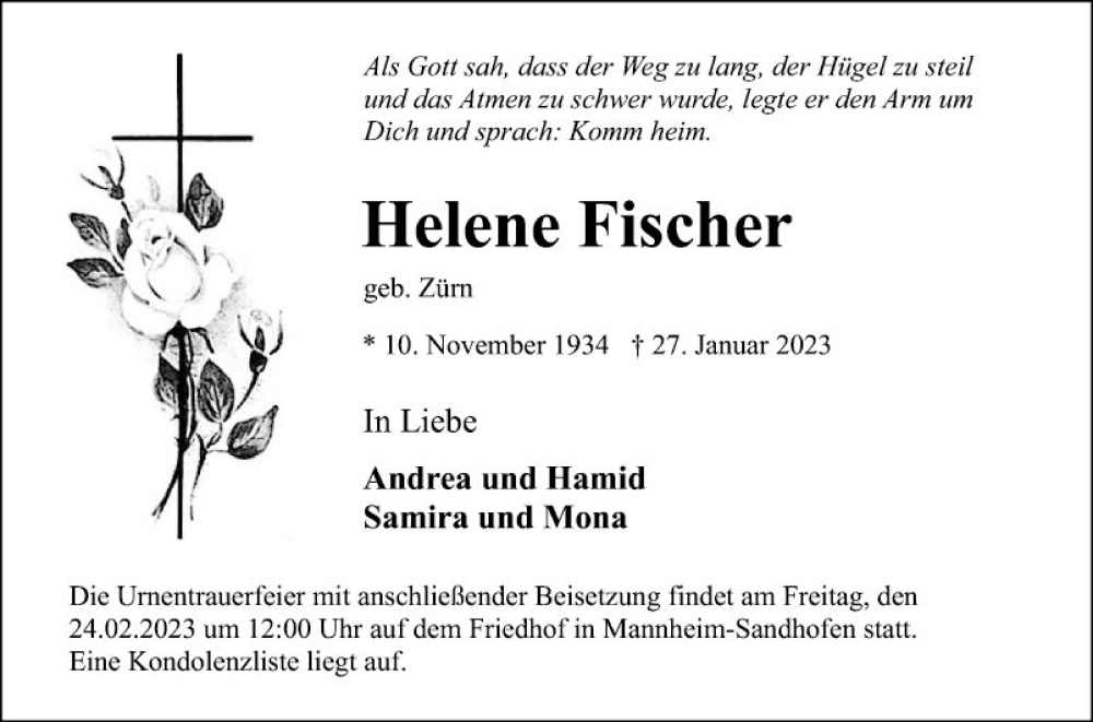  Traueranzeige für Helene Fischer vom 04.02.2023 aus Mannheimer Morgen
