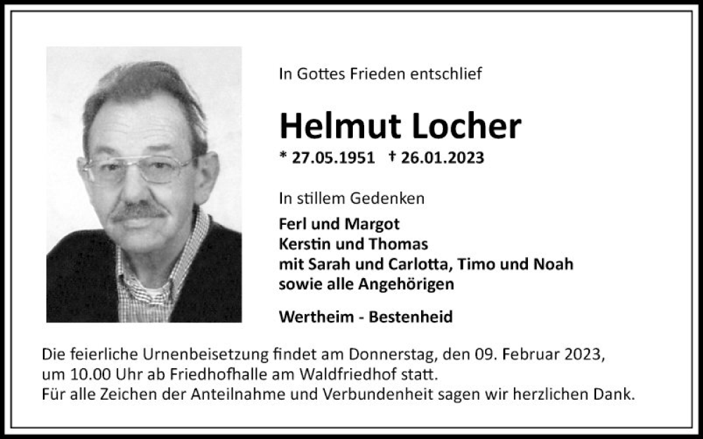  Traueranzeige für Helmut Locher vom 07.02.2023 aus Fränkische Nachrichten