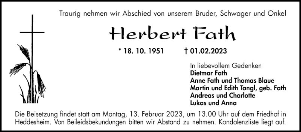  Traueranzeige für Herbert Fath vom 04.02.2023 aus Mannheimer Morgen