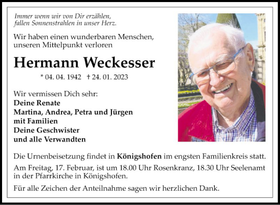 Traueranzeige von Hermann Weckesser von Fränkische Nachrichten