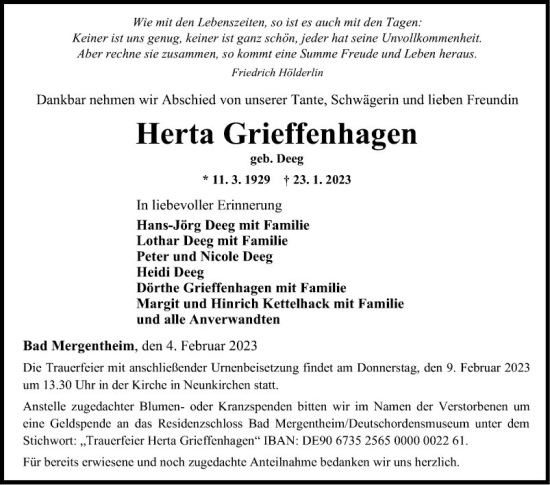 Traueranzeige von Herta Grieffenhagen von Fränkische Nachrichten