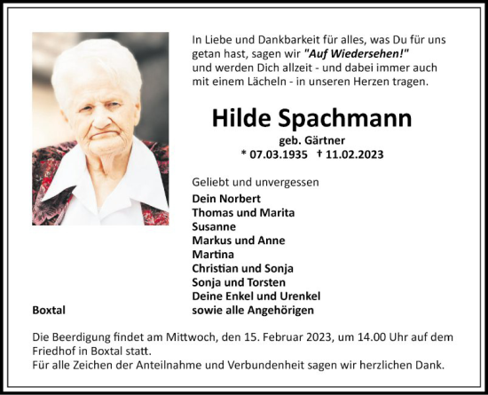 Traueranzeige von Hilde Spachmann von Fränkische Nachrichten