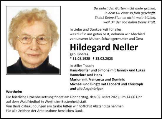 Traueranzeige von Hildegard Neller von Fränkische Nachrichten