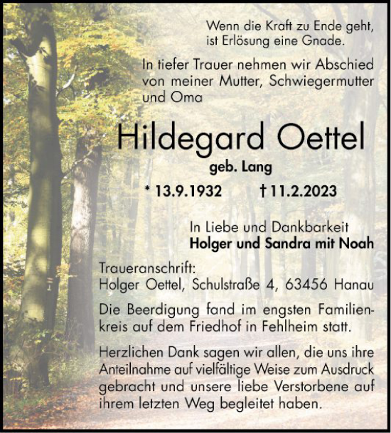 Traueranzeige von Hildegard Oettel von Bergsträßer Anzeiger