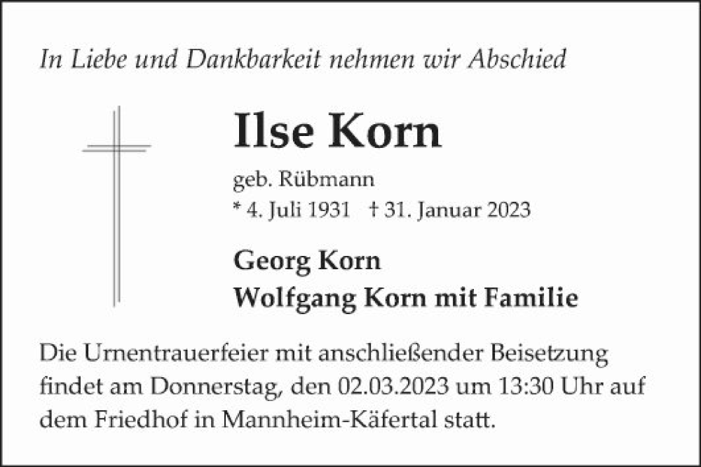  Traueranzeige für Ilse Korn vom 04.02.2023 aus Mannheimer Morgen
