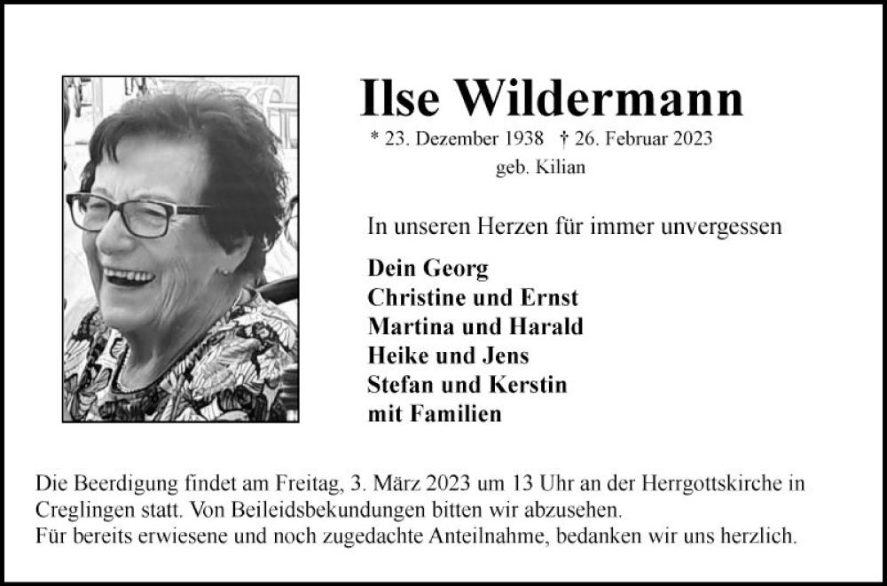  Traueranzeige für Ilse Wildermann vom 01.03.2023 aus Fränkische Nachrichten