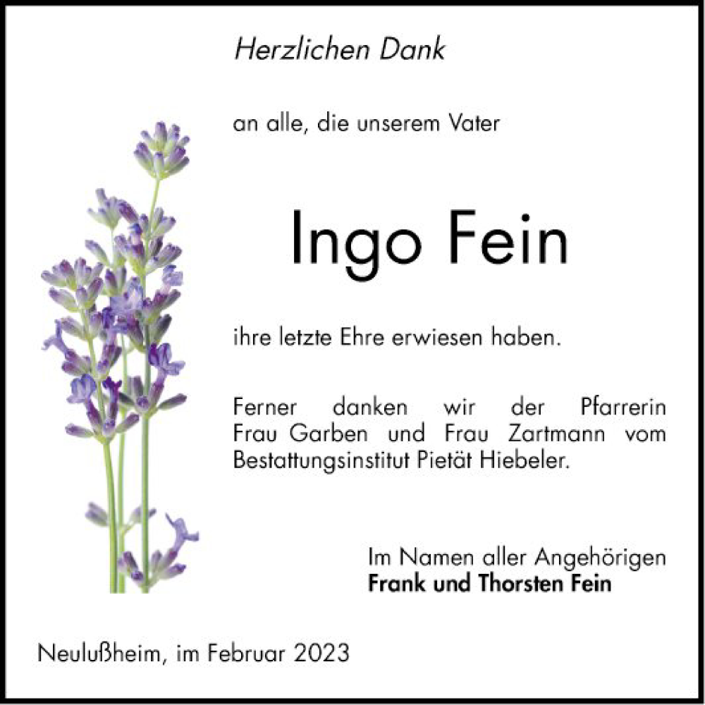  Traueranzeige für Ingo Fein vom 18.02.2023 aus Schwetzinger Zeitung