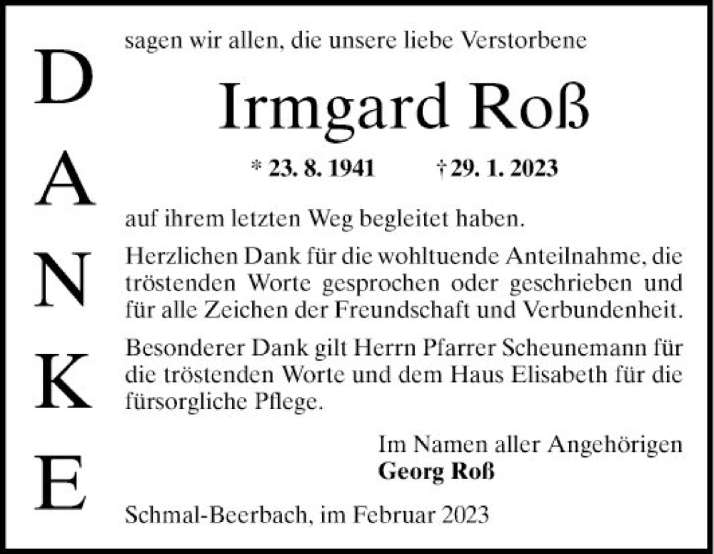  Traueranzeige für Irmgard Roß vom 25.02.2023 aus Bergsträßer Anzeiger