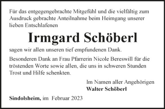 Traueranzeige von Irmgard Schöberl von Fränkische Nachrichten