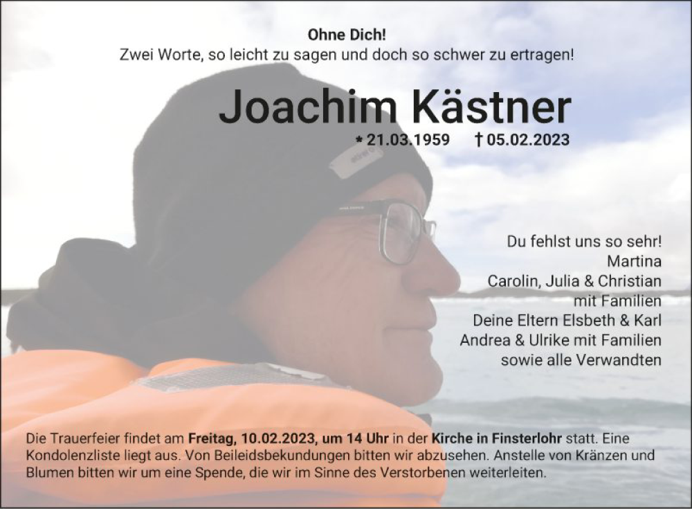  Traueranzeige für Joachim Kästner vom 08.02.2023 aus Fränkische Nachrichten
