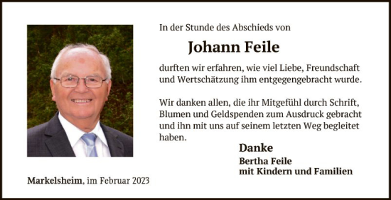 Traueranzeige von Johann Feile von Fränkische Nachrichten