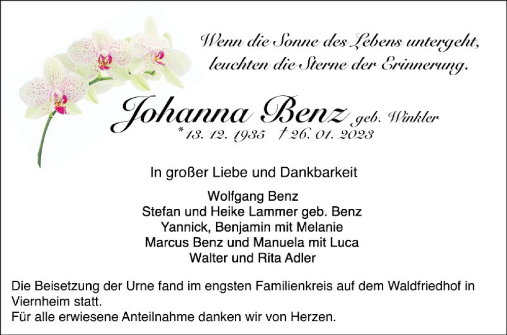  Traueranzeige für Johanna Benz vom 04.02.2023 aus Mannheimer Morgen