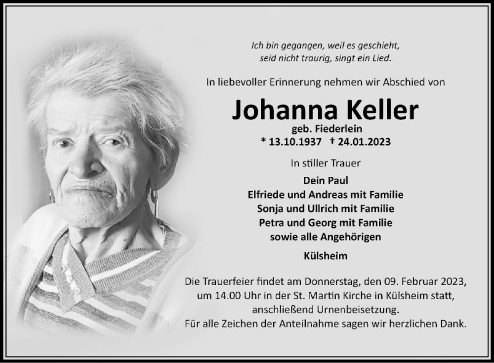  Traueranzeige für Johanna Keller vom 04.02.2023 aus Fränkische Nachrichten