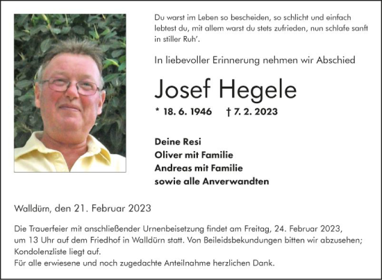 Traueranzeige von Josef Hegele von Fränkische Nachrichten