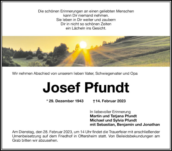 Traueranzeige von Josef Pfundt von Schwetzinger Zeitung