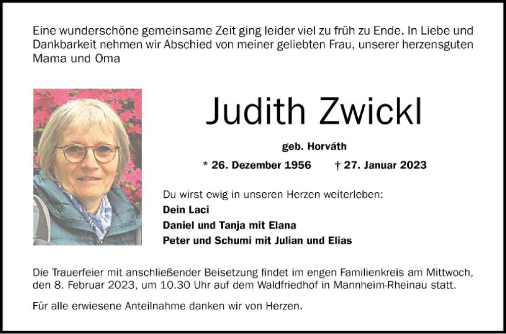  Traueranzeige für Judith Zwickl vom 04.02.2023 aus Mannheimer Morgen