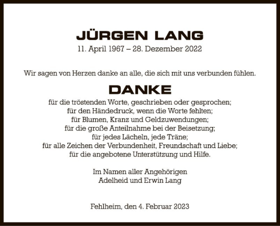 Traueranzeige von Jürgen Lang von Bergsträßer Anzeiger