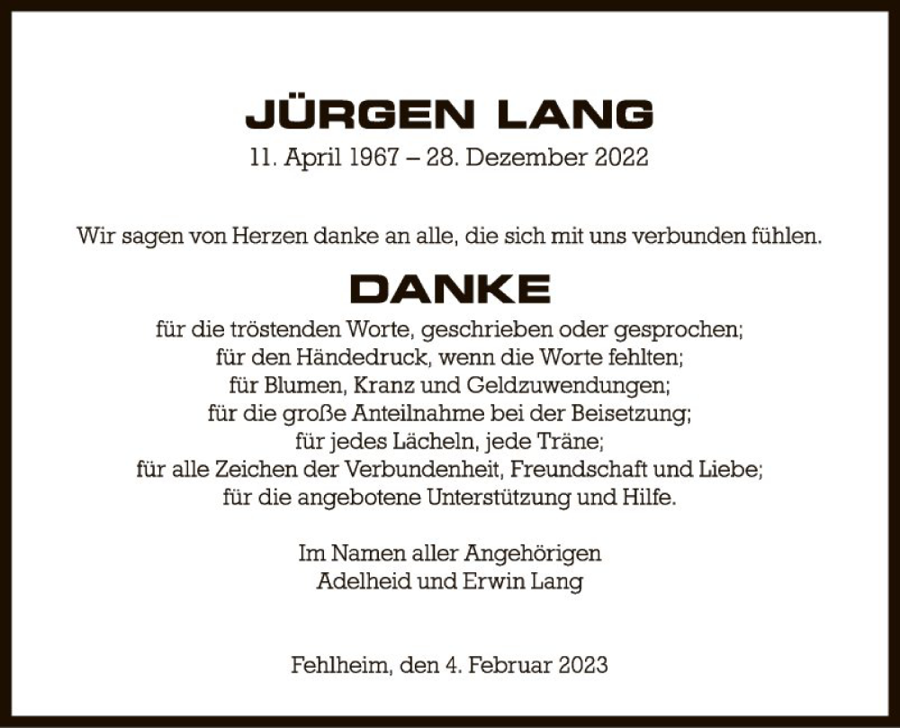  Traueranzeige für Jürgen Lang vom 04.02.2023 aus Bergsträßer Anzeiger
