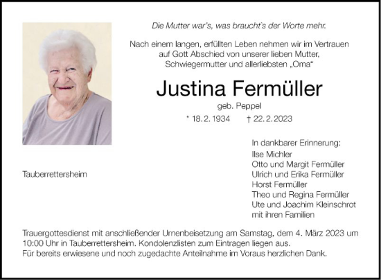 Traueranzeige von Justina Fermüller von Fränkische Nachrichten