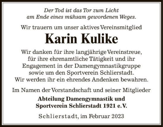 Traueranzeige von Karin Kulike von Fränkische Nachrichten