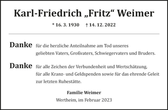 Traueranzeige von Karl-Friedrich Weimer von Fränkische Nachrichten