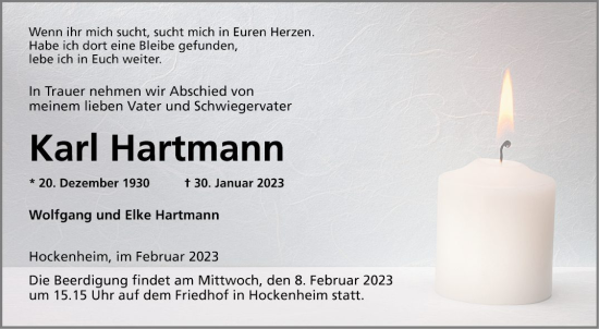 Traueranzeige von Karl Hartmann von Schwetzinger Zeitung