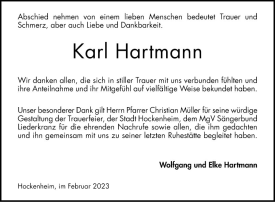 Traueranzeige von Karl Hartmann von Schwetzinger Zeitung