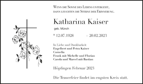 Traueranzeige von Katharina Kaiser von Fränkische Nachrichten