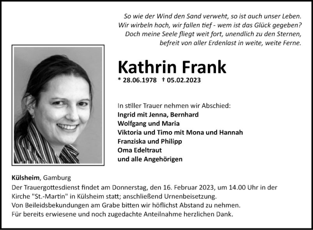  Traueranzeige für Kathrin Frank vom 11.02.2023 aus Fränkische Nachrichten