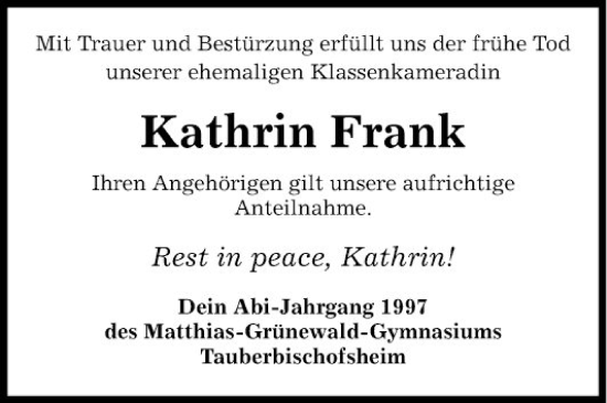 Traueranzeige von Kathrin Frank von Fränkische Nachrichten