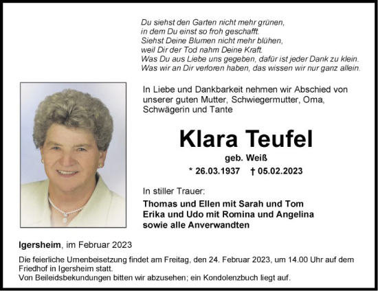 Traueranzeige von Klara Teufel von Fränkische Nachrichten