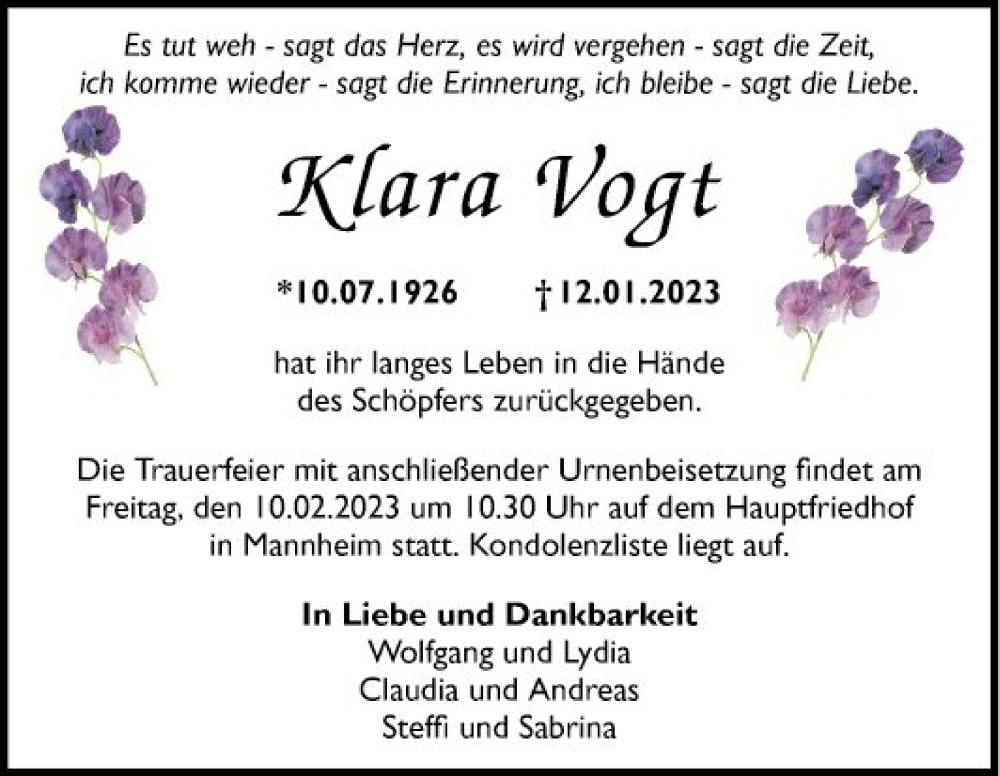  Traueranzeige für Klara Vogt vom 04.02.2023 aus Mannheimer Morgen