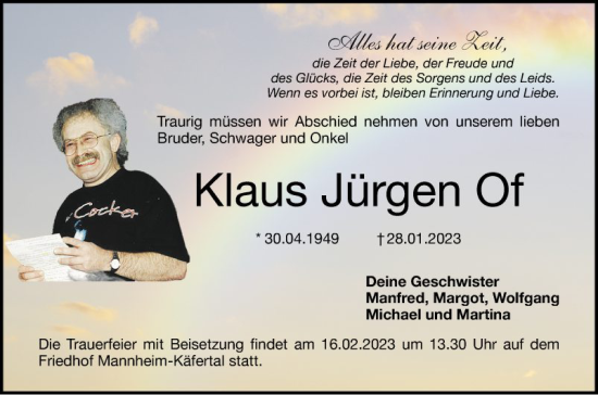 Traueranzeige von Klaus Jürgen Of von Mannheimer Morgen