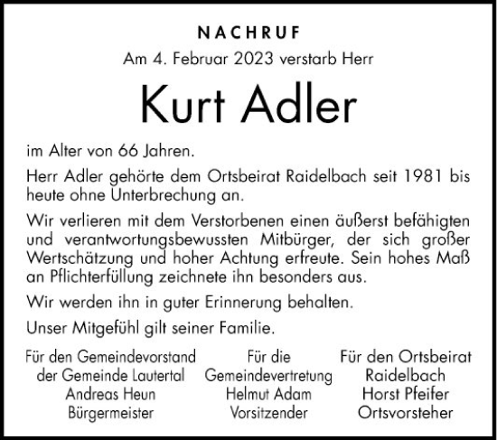 Traueranzeige von Kurt Adler von Bergsträßer Anzeiger