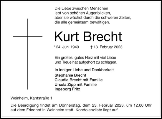 Traueranzeige von Kurt Brecht von Mannheimer Morgen