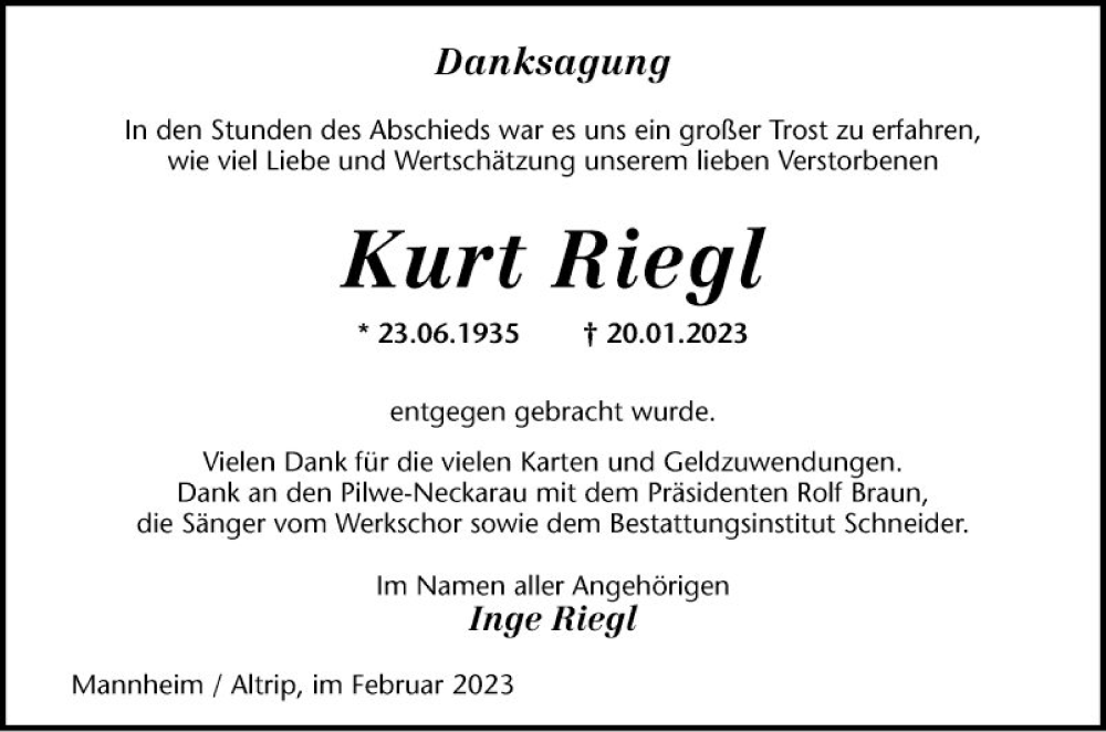  Traueranzeige für Kurt Riegl vom 11.02.2023 aus Mannheimer Morgen