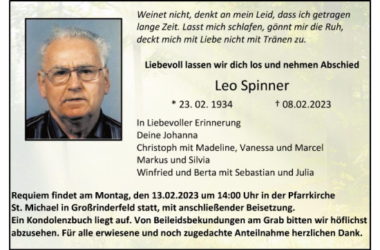 Traueranzeige von Leo Spinner von Fränkische Nachrichten