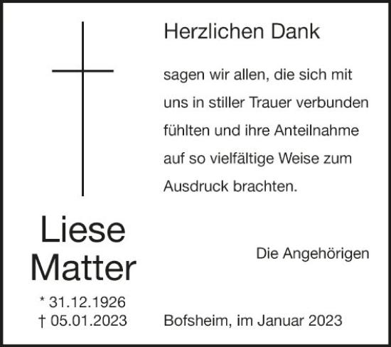 Traueranzeige von Liese Matter von Fränkische Nachrichten