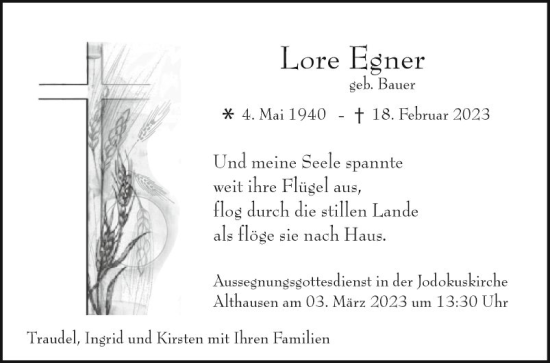 Traueranzeige von Lore Egner von Fränkische Nachrichten