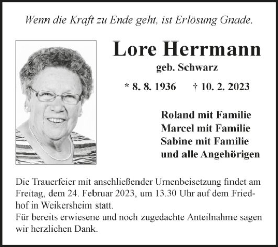 Traueranzeige von Lore Herrmann von Fränkische Nachrichten