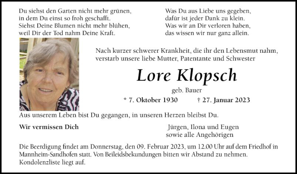  Traueranzeige für Lore Klopsch vom 04.02.2023 aus Mannheimer Morgen