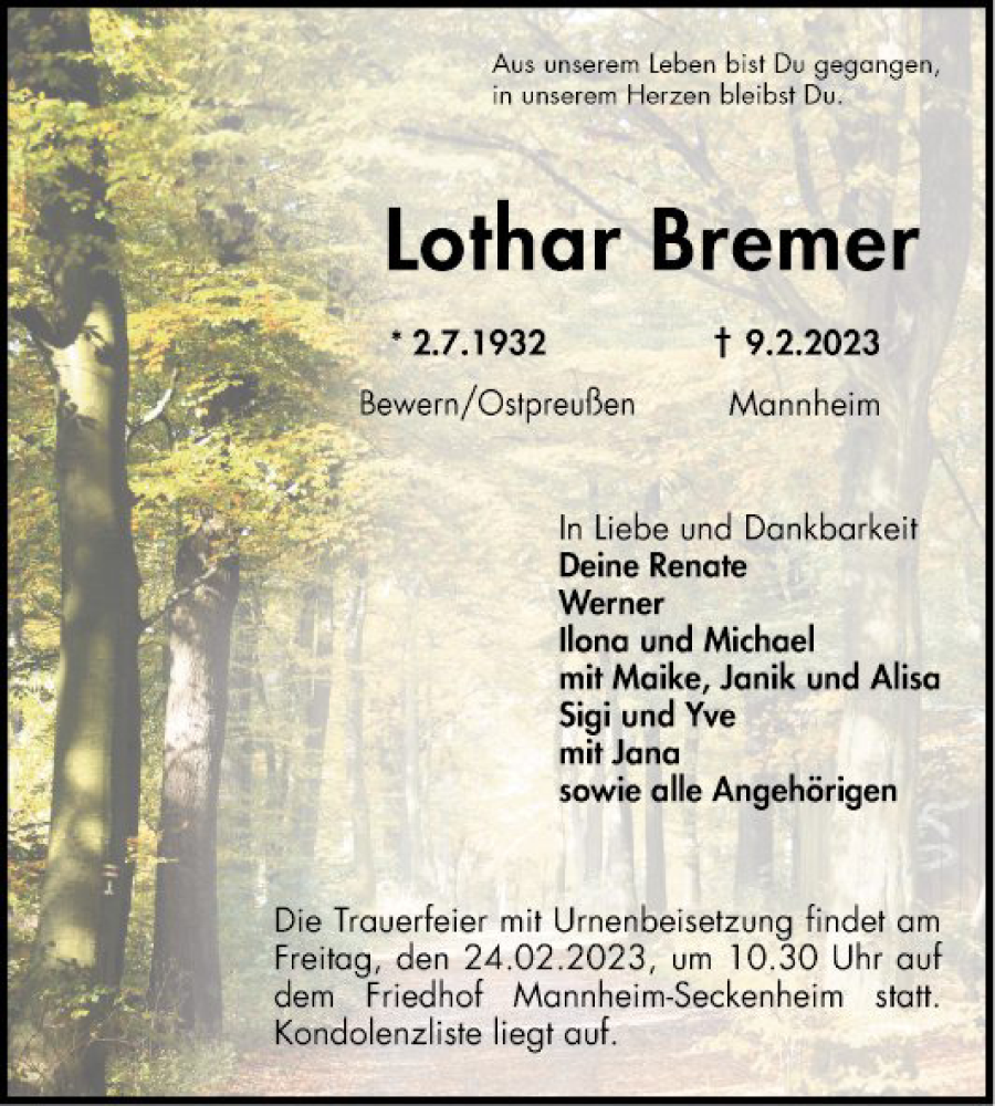  Traueranzeige für Lothar Bremer vom 18.02.2023 aus Mannheimer Morgen