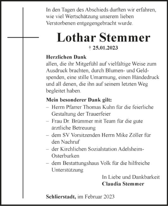 Traueranzeige von Lothar Stemmer von Fränkische Nachrichten